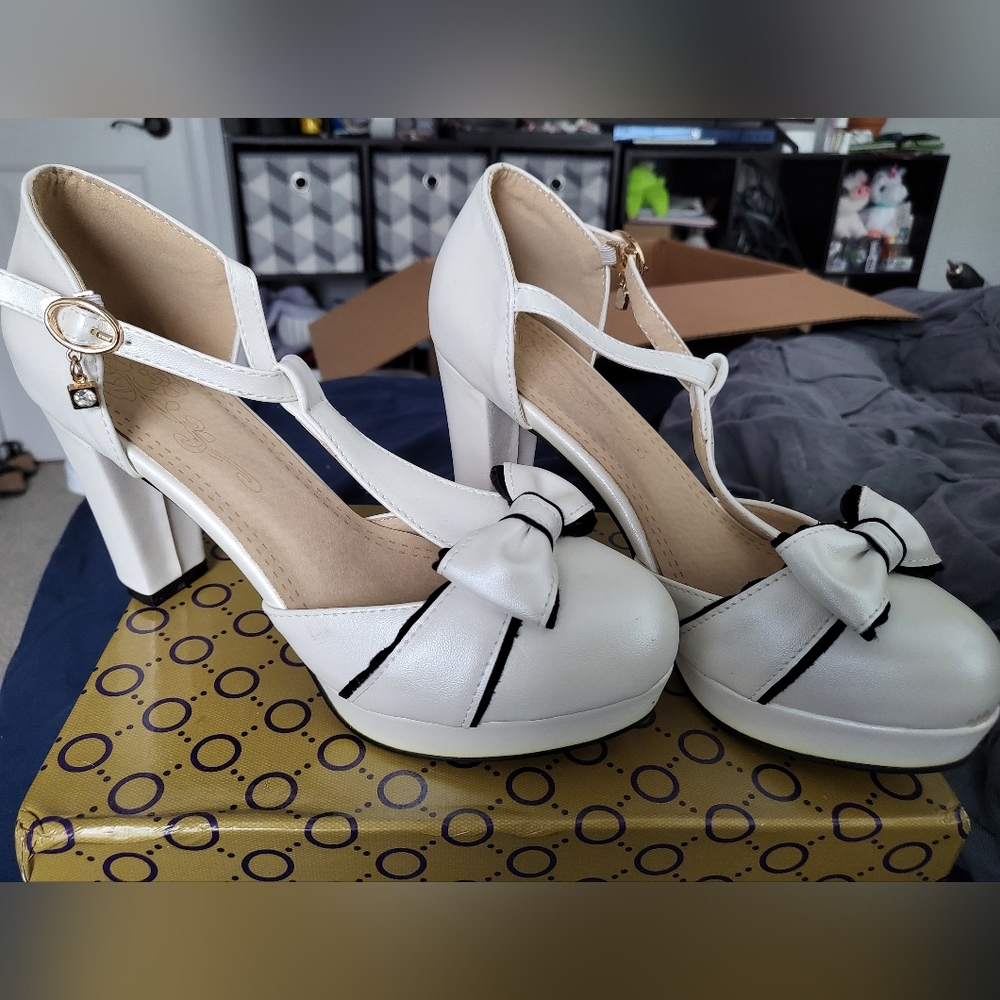 White T Strap Heels
